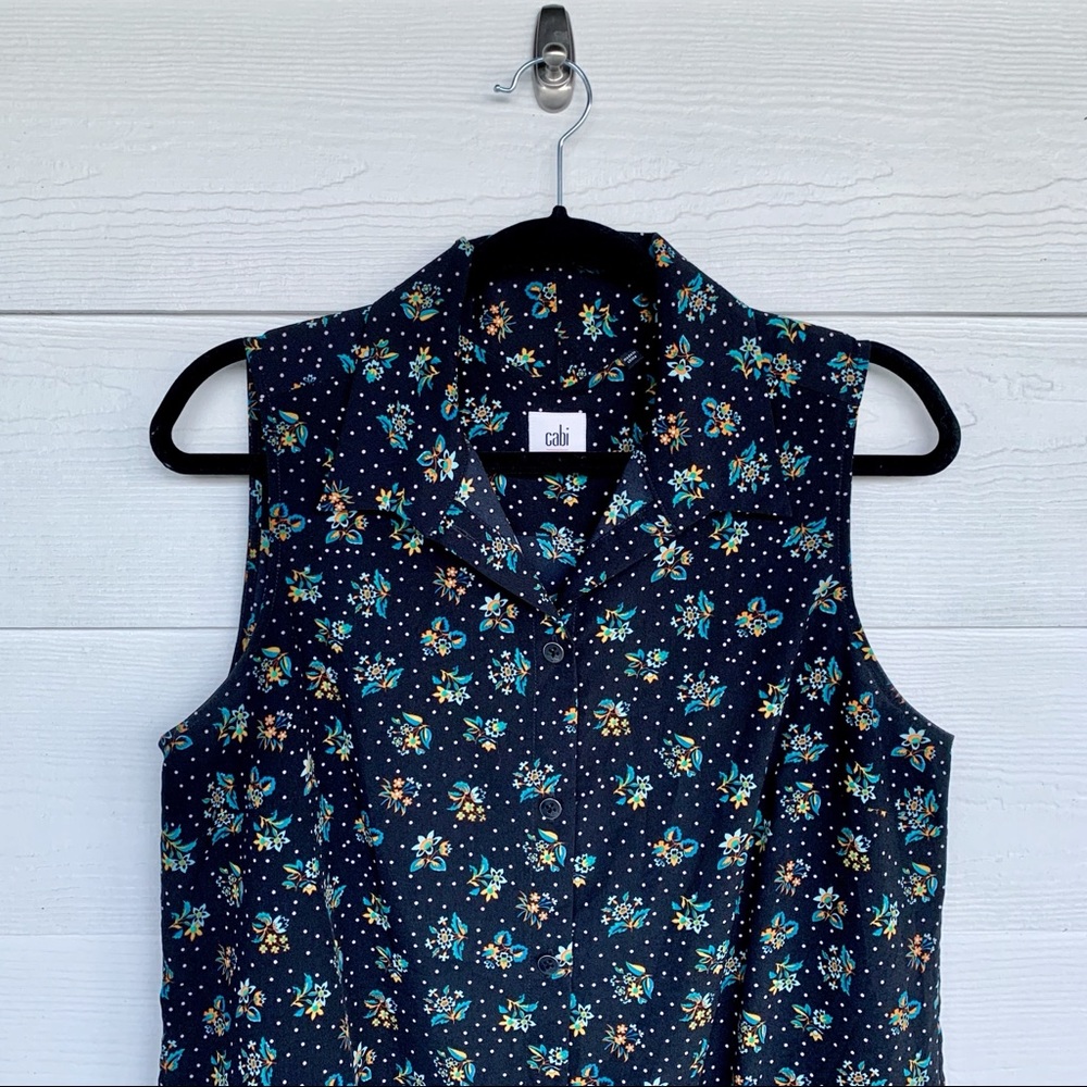 CABi Whimsy Black Floral Dot Sleeveless Top Size M